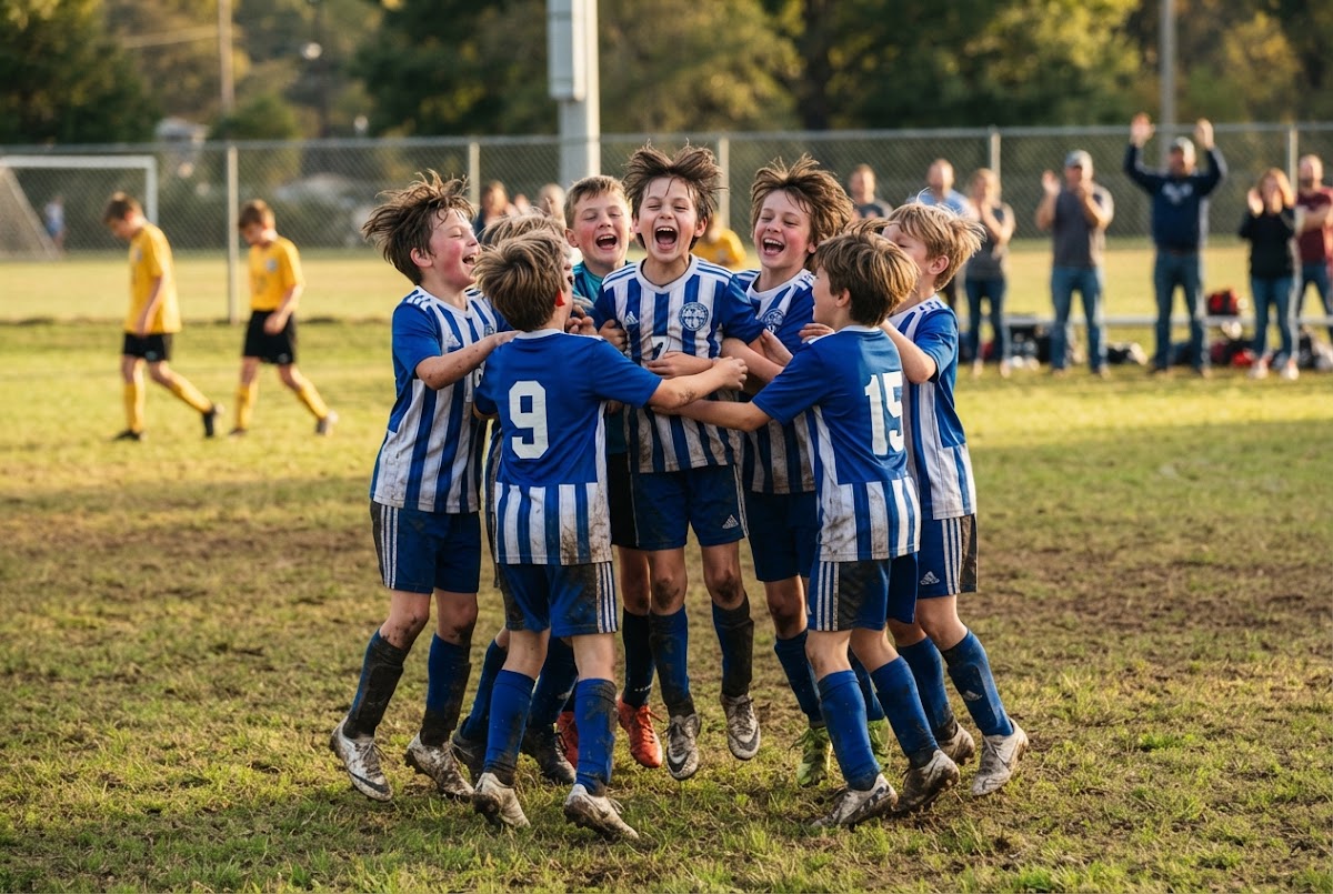 A youth team celebrating a goal together