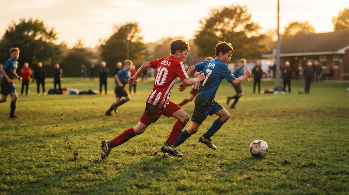 Youth players sprinting for the ball at golden hour